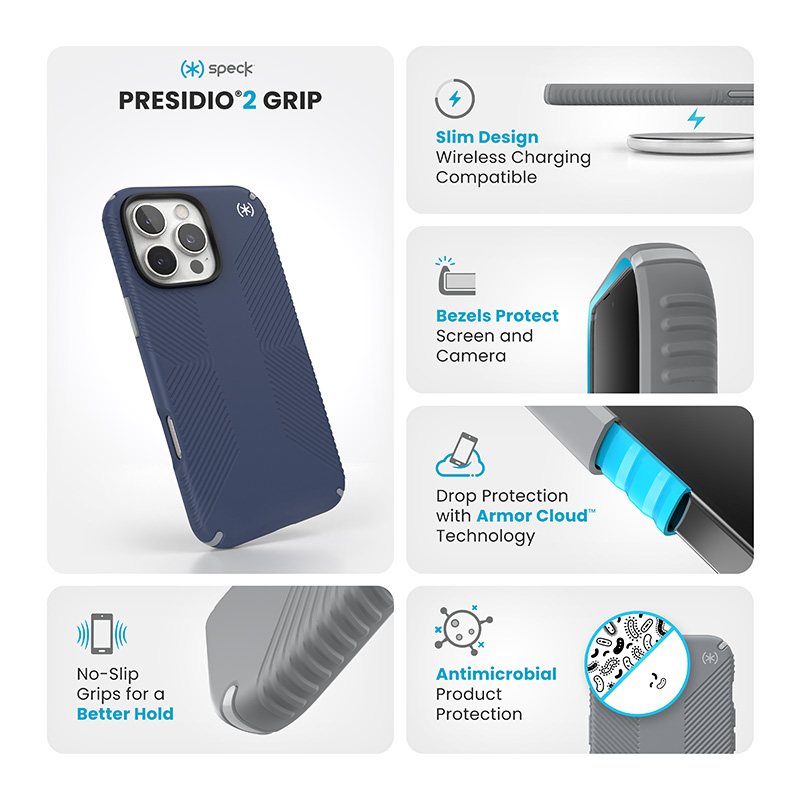 Speck Presidio2 Grip - Etui iPhone 16 Pro Max (Coastal Blue / Dust Grey / White)