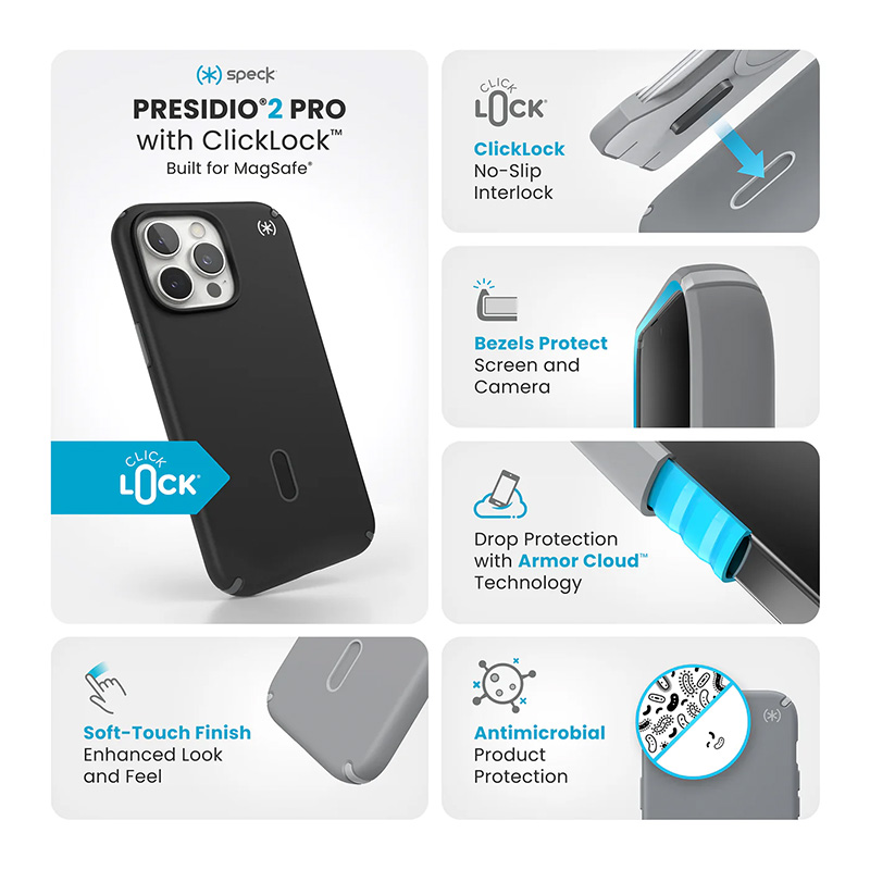 Speck Presidio2 Pro ClickLock & MagSafe - Etui iPhone 16 Pro Max (Black / Slate Grey / White)