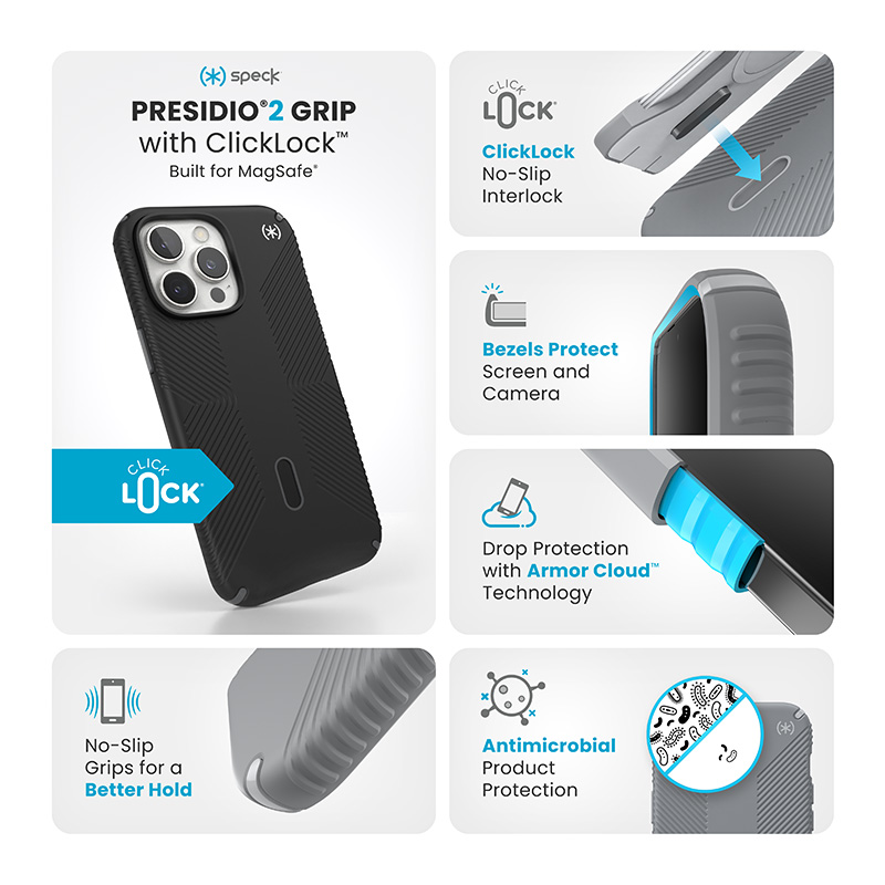 Speck Presidio2 Grip ClickLock & MagSafe - Etui iPhone 16 Pro Max (Black / Slate Grey / White)