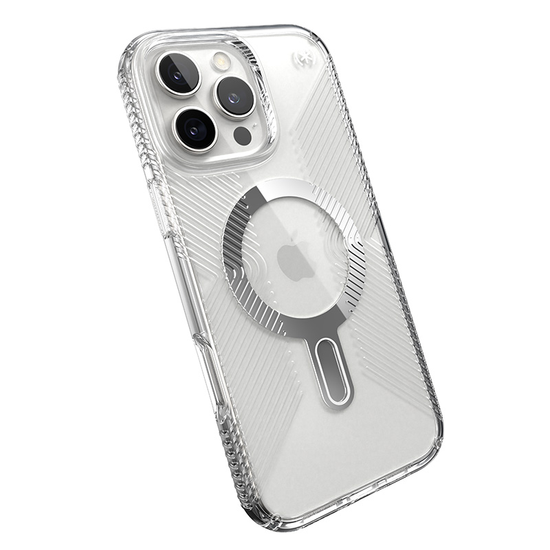 Speck Presidio Perfect-Clear Grip ClickLock & MagSafe - Etui iPhone 16 Pro Max (Clear / Chrome Finish / Serene Silver)