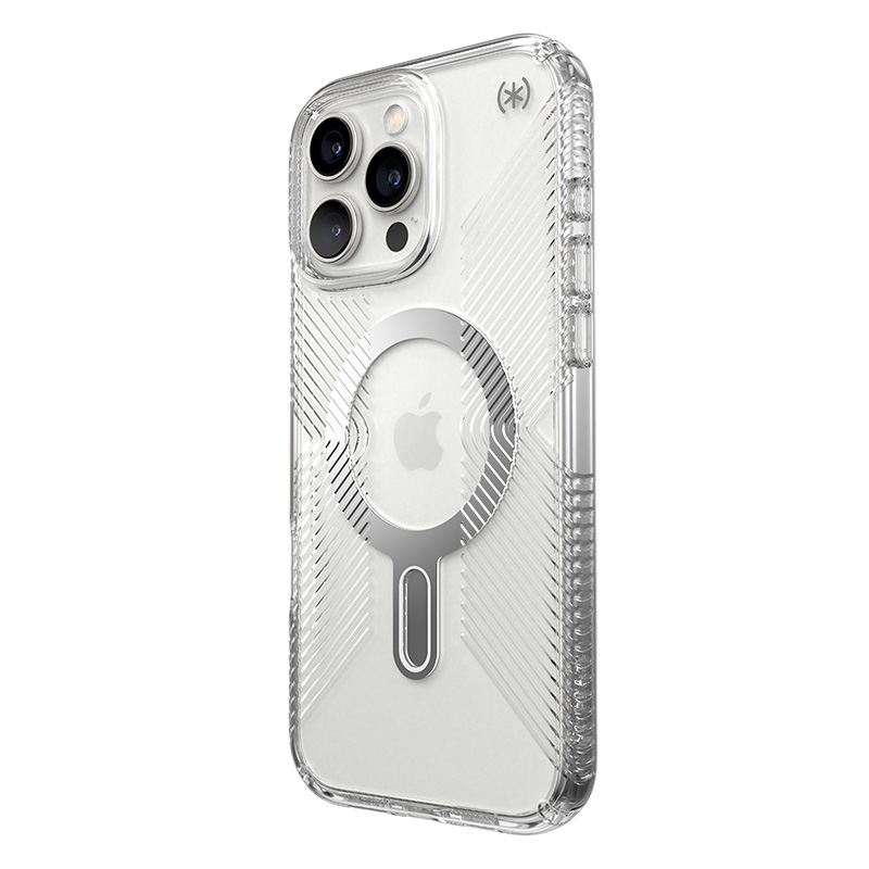 Speck Presidio Perfect-Clear Grip ClickLock & MagSafe - Etui iPhone 16 Pro Max (Clear / Chrome Finish / Serene Silver)