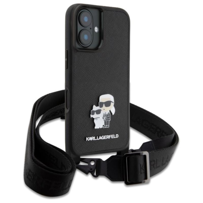 Karl Lagerfeld Saffiano Karl & Choupette Metal Pin CBDY Strap - Etui iPhone 16 (czarny)