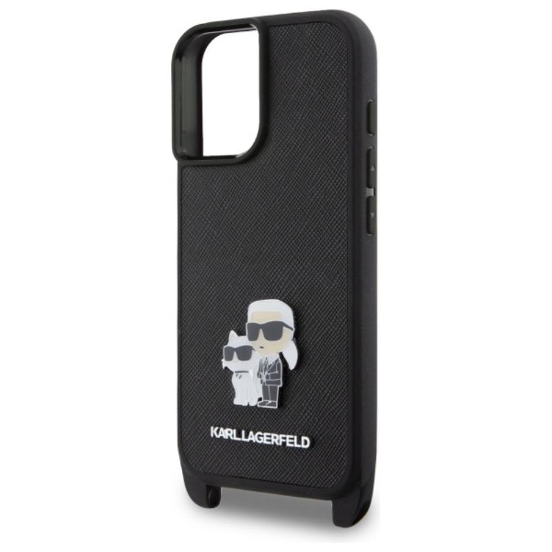 Karl Lagerfeld Saffiano Karl & Choupette Metal Pin CBDY Strap - Etui iPhone 16 (czarny)