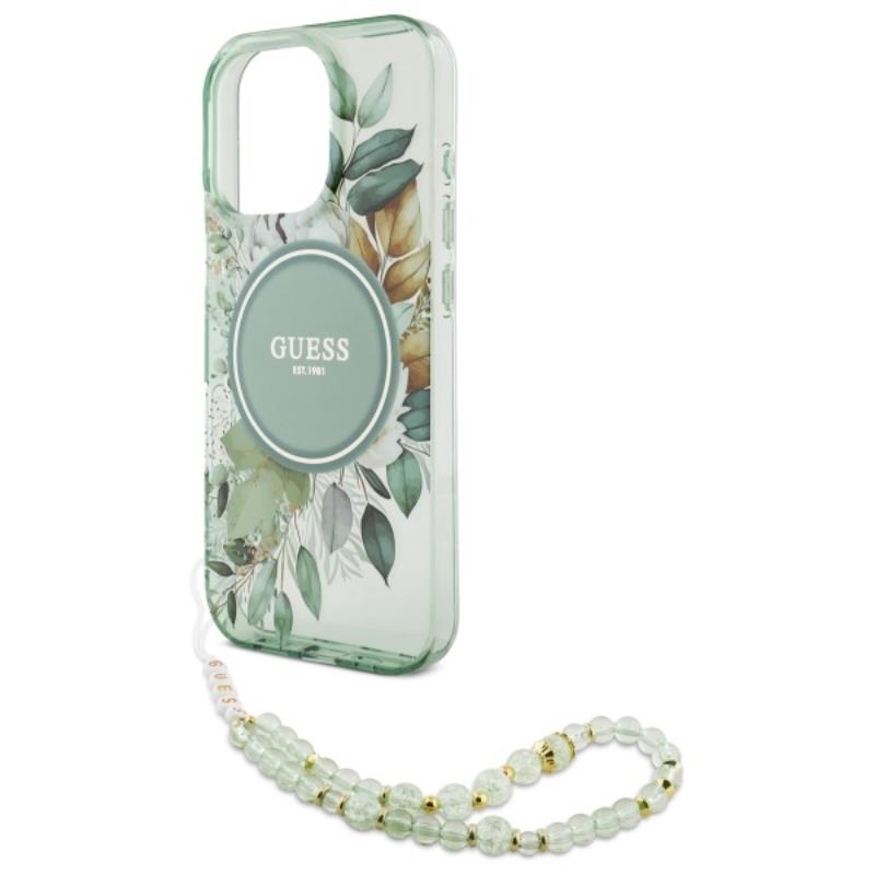 Guess IML Flowers With Pearl Strap MagSafe - Etui iPhone 16 Pro (zielony)