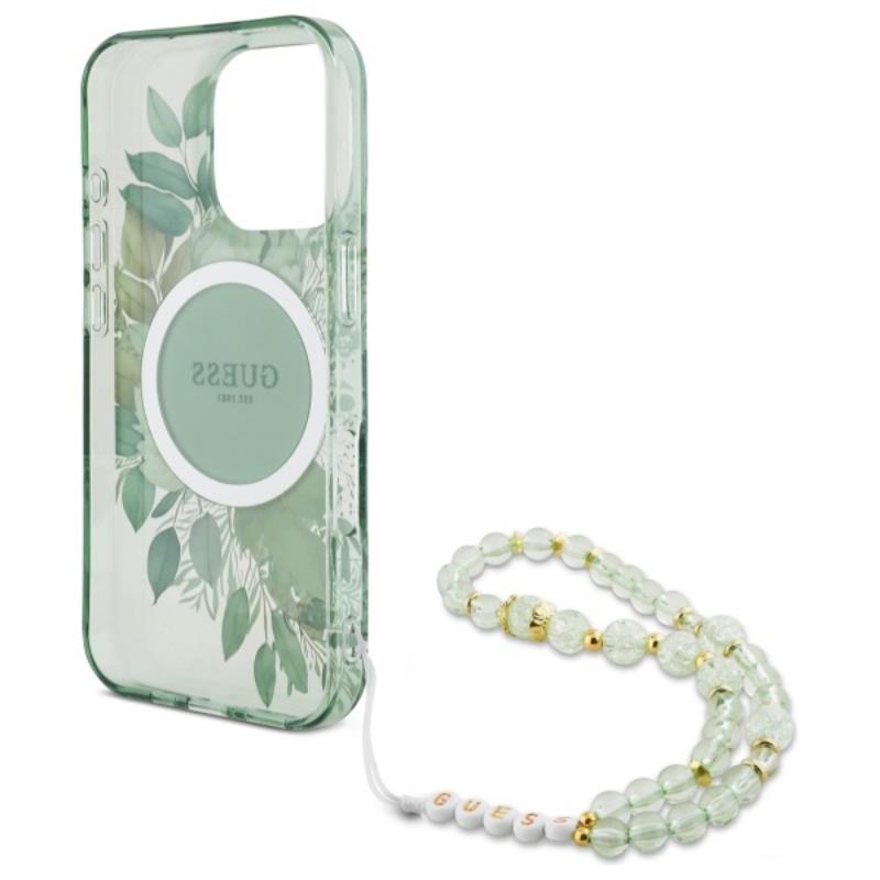 Guess IML Flowers With Pearl Strap MagSafe - Etui iPhone 16 Pro (zielony)