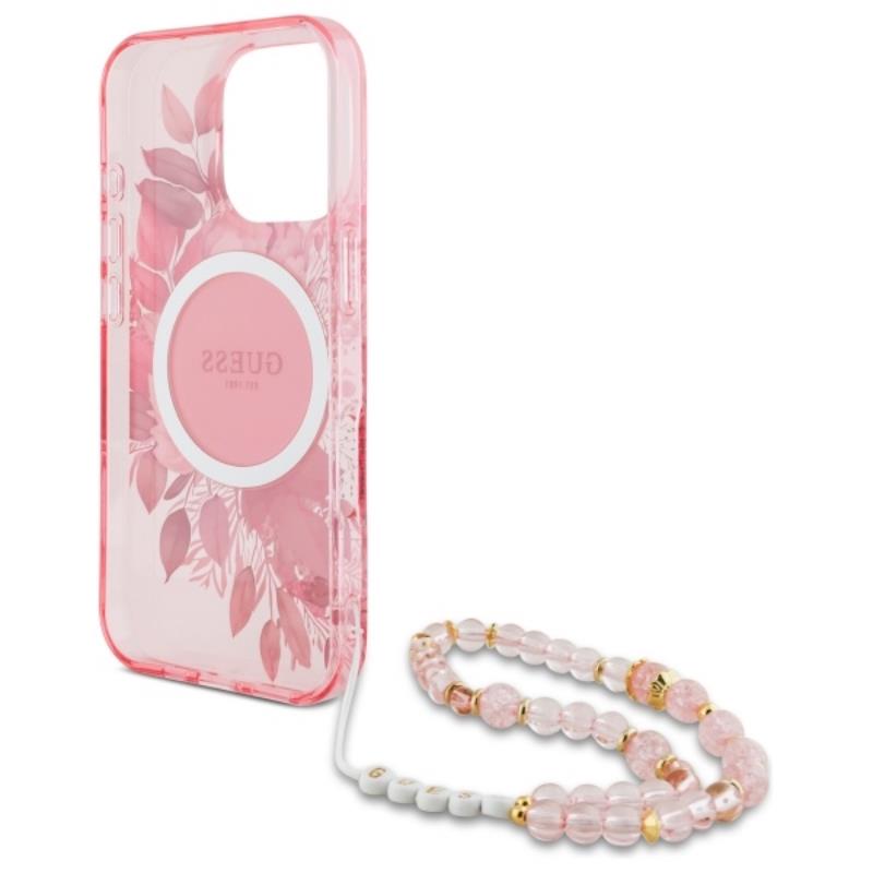 Guess IML Flowers With Pearl Strap MagSafe - Etui iPhone 16 Pro (różowy)