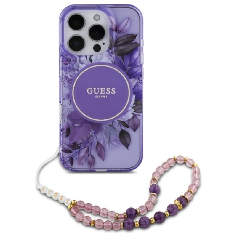 Guess IML Flowers With Pearl Strap MagSafe - Etui iPhone 16 Pro (fioletowy)