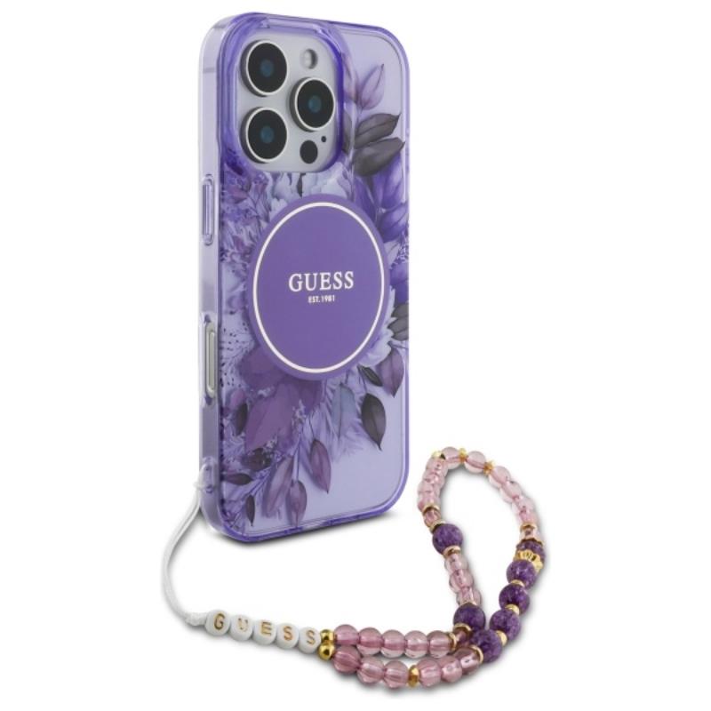 Guess IML Flowers With Pearl Strap MagSafe - Etui iPhone 16 Pro (fioletowy)