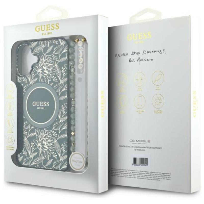 Guess IML Flowers Allover Electro With Pearl Strap MagSafe - Etui iPhone 16 Plus (zielony)