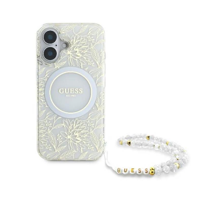 Guess IML Flowers Allover Electro With Pearl Strap MagSafe - Etui iPhone 16 Plus (biały)