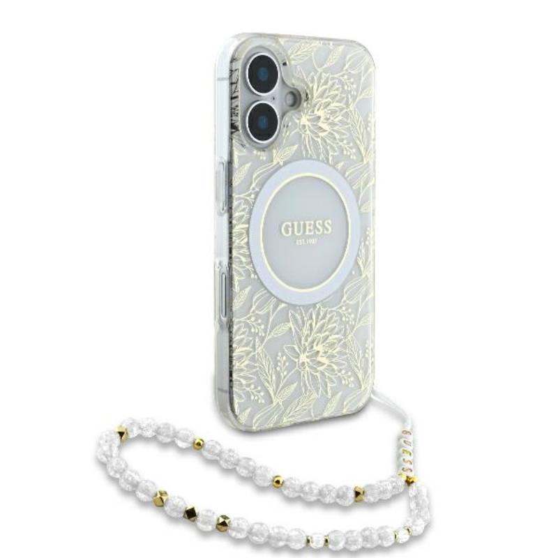 Guess IML Flowers Allover Electro With Pearl Strap MagSafe - Etui iPhone 16 Plus (biały)