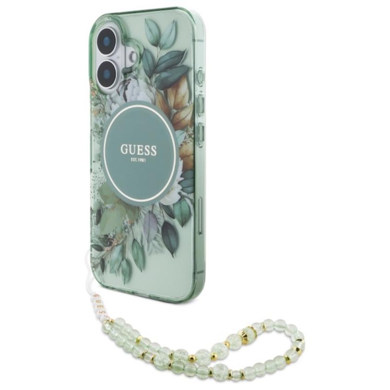 Guess IML Flowers With Pearl Strap MagSafe - Etui iPhone 16 Plus (zielony)