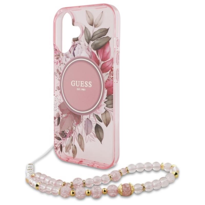 Guess IML Flowers With Pearl Strap MagSafe - Etui iPhone 16 Plus (różowy)