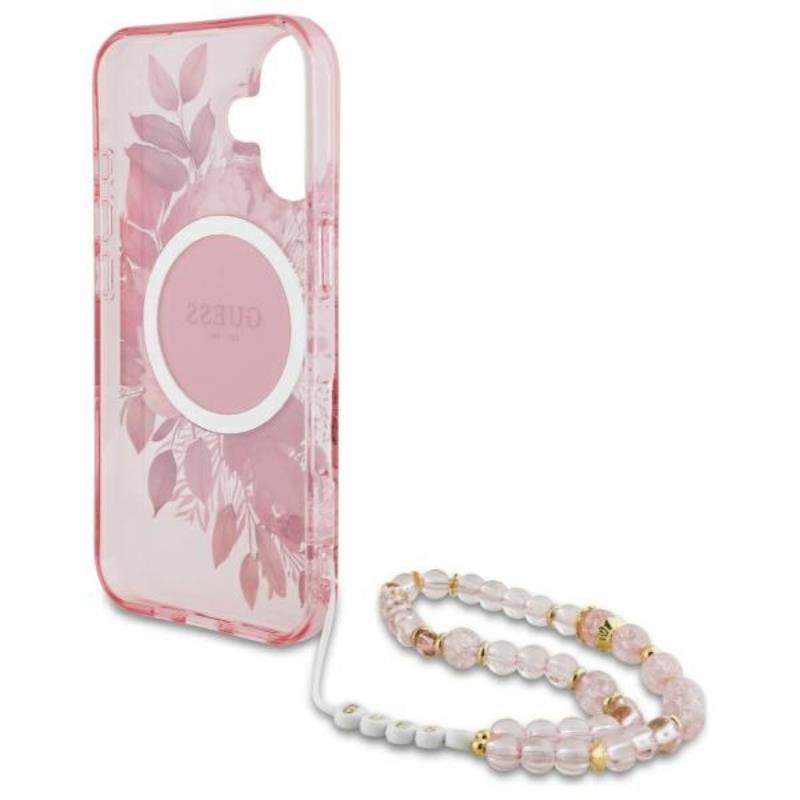 Guess IML Flowers With Pearl Strap MagSafe - Etui iPhone 16 Plus (różowy)