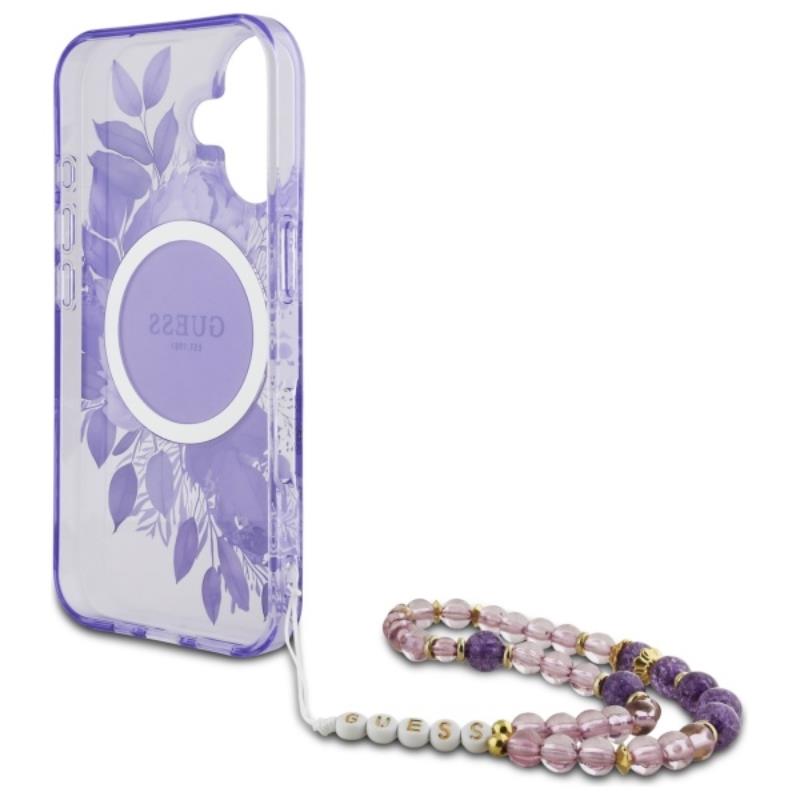 Guess IML Flowers With Pearl Strap MagSafe - Etui iPhone 16 Plus (fioletowy)