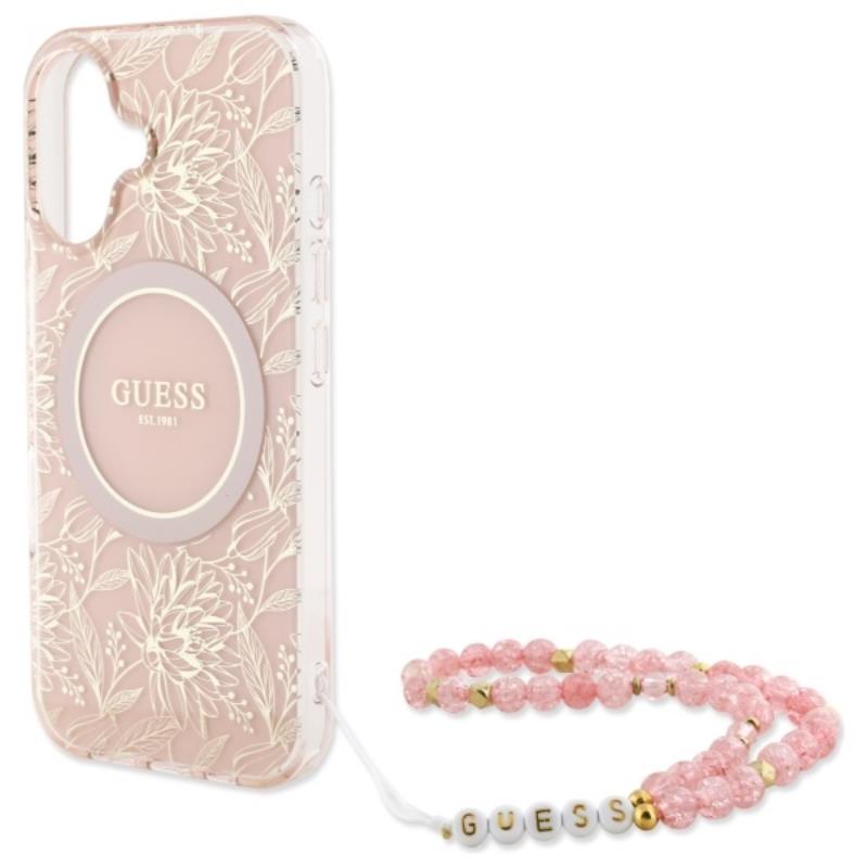 Guess IML Flowers Allover Electro With Pearl Strap MagSafe - Etui iPhone 16 (różowy)