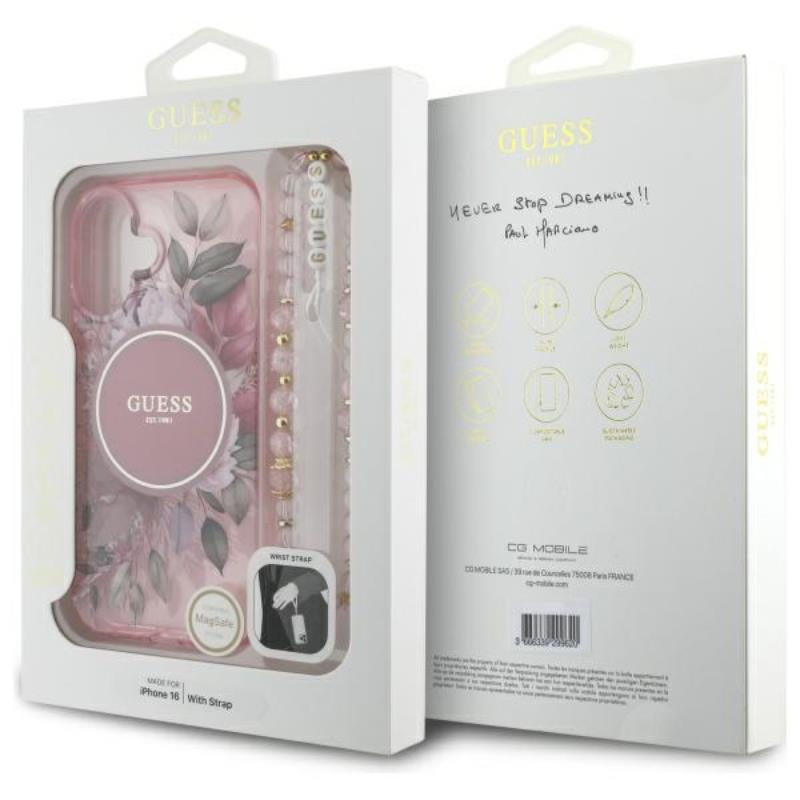 Guess IML Flowers With Pearl Strap MagSafe - Etui iPhone 16 (różowy)