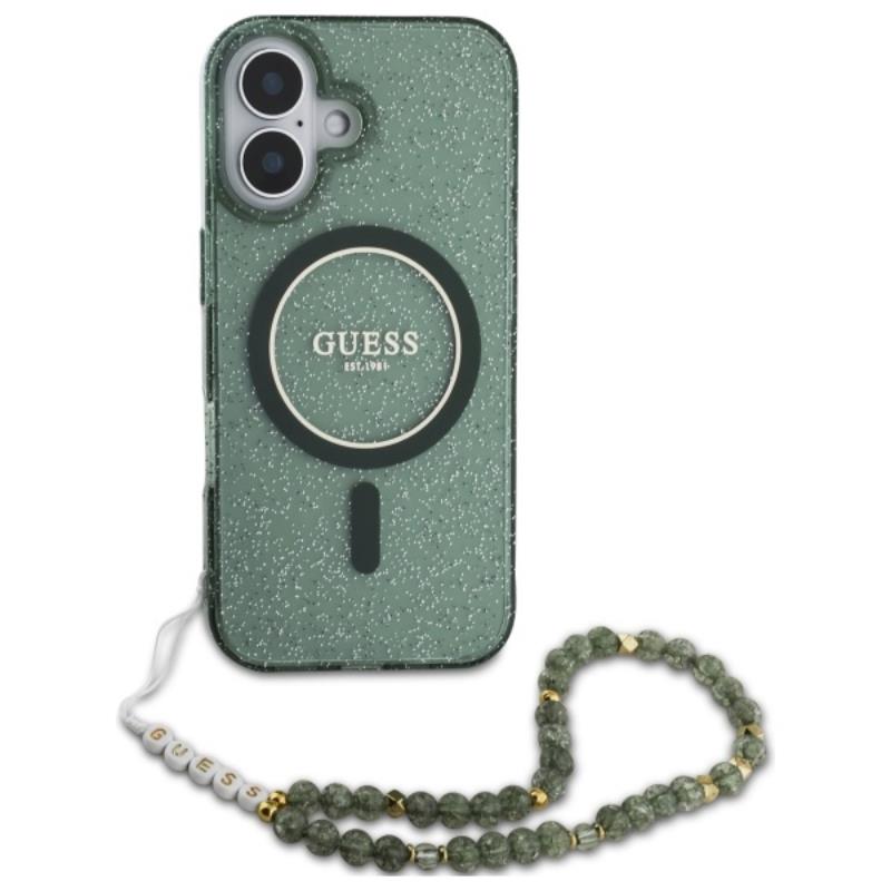 Guess IML Glitter With Pearl Strap MagSafe - Etui iPhone 16 (zielony)