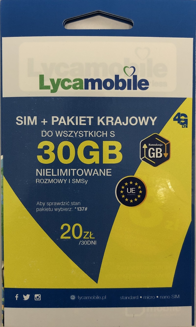 Lycamobile - karta SIM 20 zł na koncie do wszystkich free