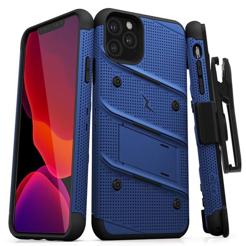 Zizo Bolt Cover - Pancerne etui iPhone 11 Pro ze szkłem 9H na ekran + podstawka & uchwyt do paska (Blue/Black)