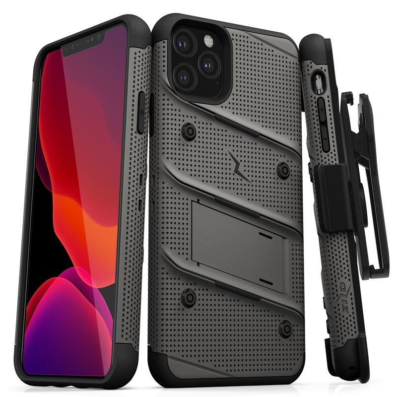 Zizo Bolt Cover - Pancerne etui iPhone 11 Pro ze szkłem 9H na ekran + podstawka & uchwyt do paska (Metal Gray/Black)