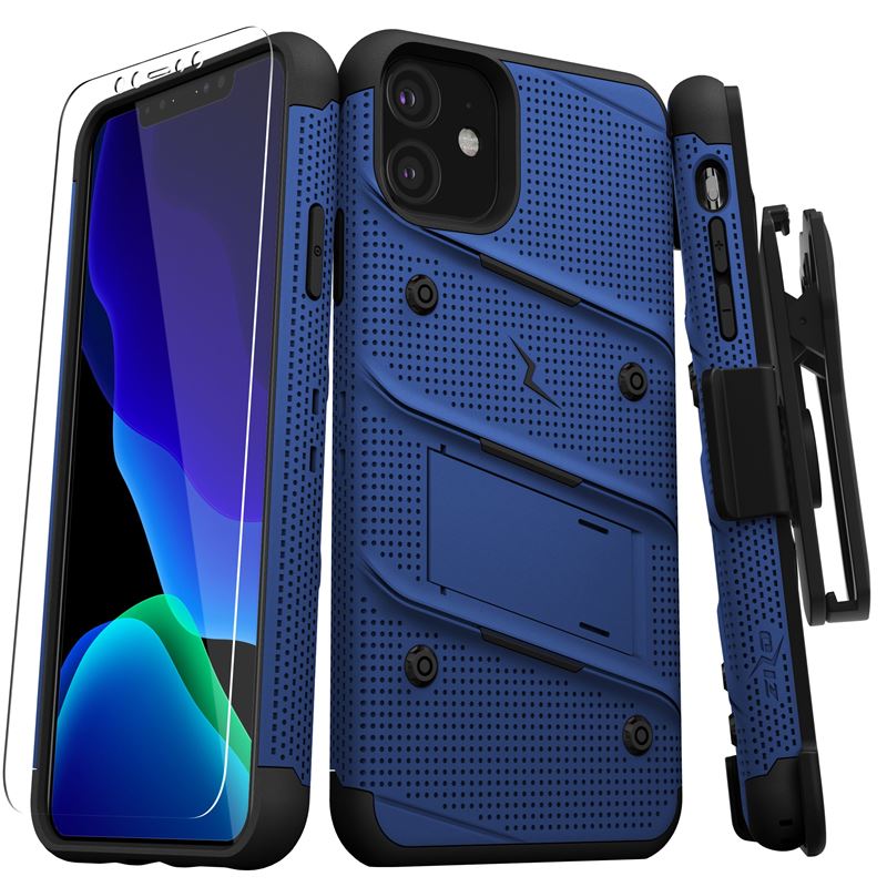 Zizo Bolt Cover - Pancerne etui iPhone 11 ze szkłem 9H na ekran + podstawka & uchwyt do paska (Blue/Black)