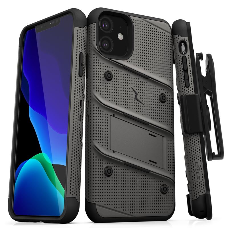 Zizo Bolt Cover - Pancerne etui iPhone 11 ze szkłem 9H na ekran + podstawka & uchwyt do paska (Metal Gray/Black)