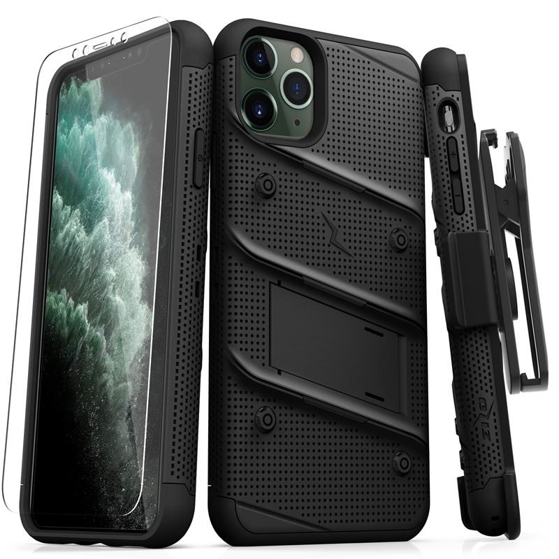 Zizo Bolt Cover - Pancerne etui iPhone 11 Pro Max ze szkłem 9H na ekran + podstawka & uchwyt do paska (Black/Black)