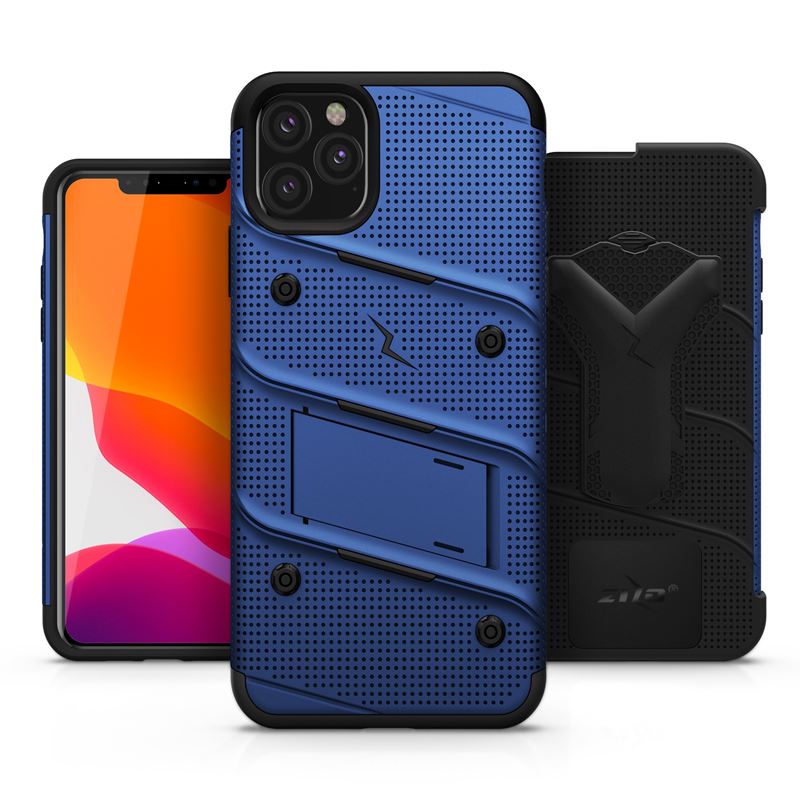Zizo Bolt Cover - Pancerne etui iPhone 11 Pro Max ze szkłem 9H na ekran + podstawka & uchwyt do paska (Blue/Black)