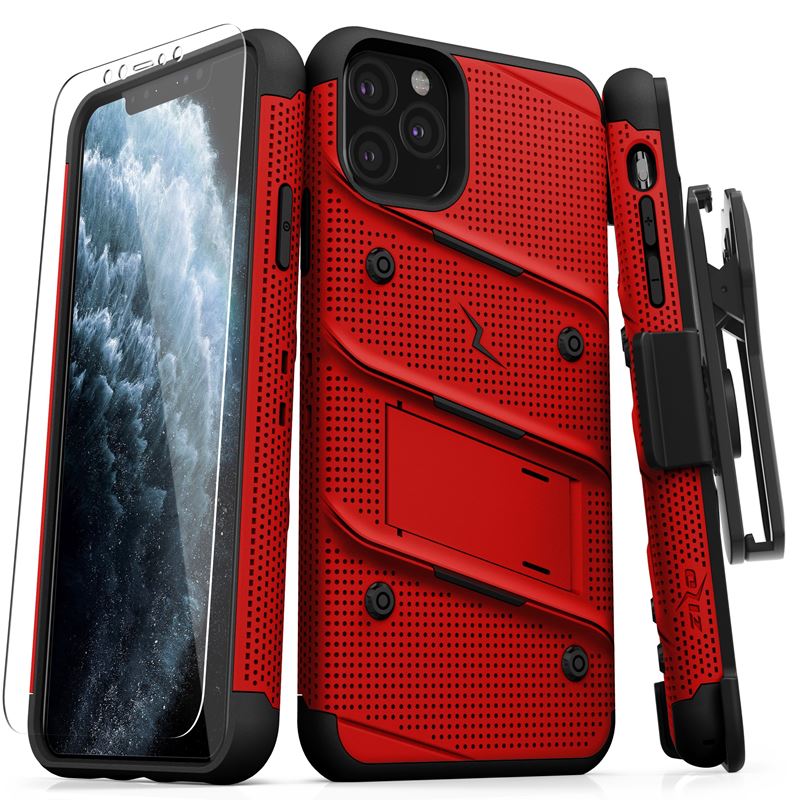 Zizo Bolt Cover - Pancerne etui iPhone 11 Pro Max ze szkłem 9H na ekran + podstawka & uchwyt do paska (Red/Black)