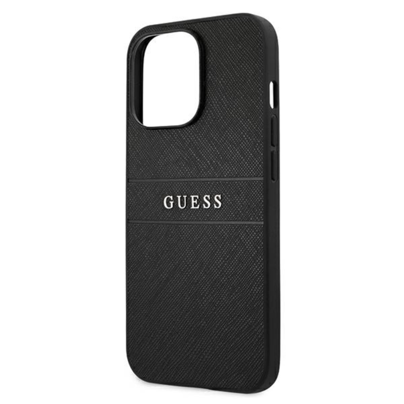 Guess Saffiano Metal Logo Stripes - Etui iPhone 13 Pro (czarny)