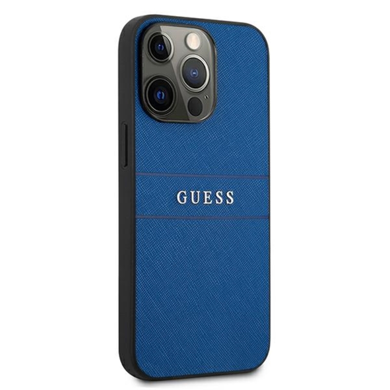 Guess Saffiano Metal Logo Stripes - Etui iPhone 13 Pro (niebieski)