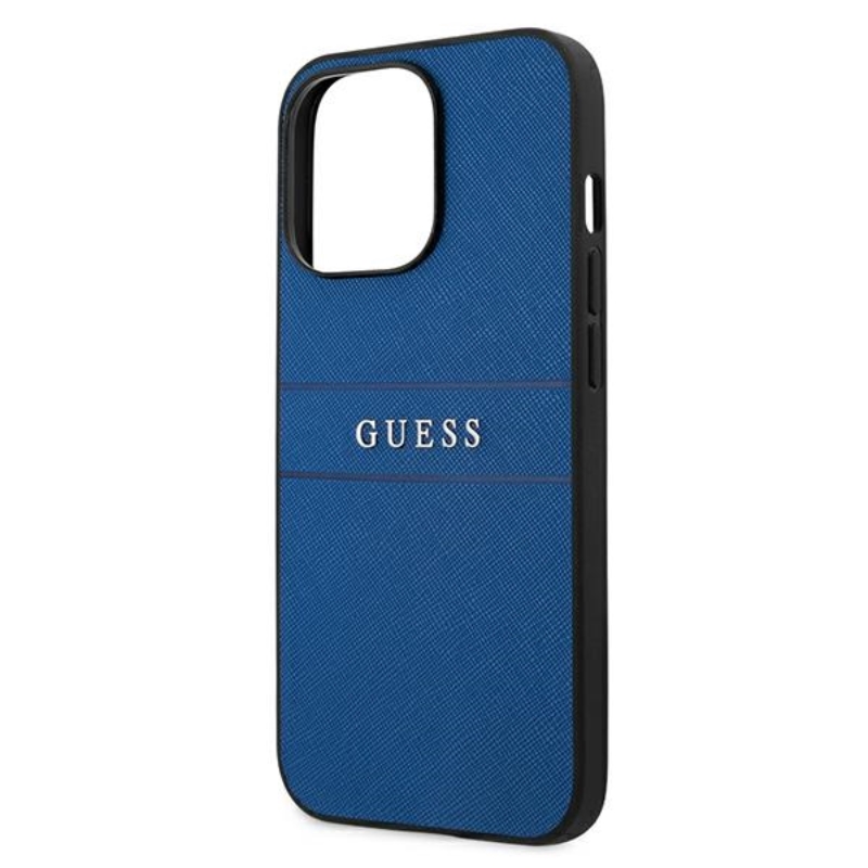 Guess Saffiano Metal Logo Stripes - Etui iPhone 13 Pro (niebieski)