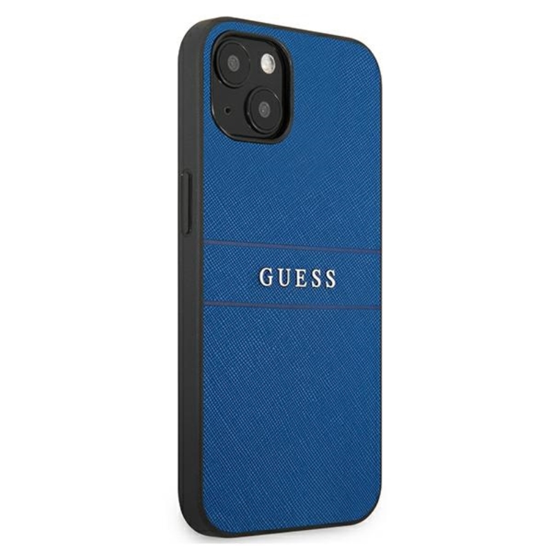 Guess Saffiano Metal Logo Stripes - Etui iPhone 13 mini (niebieski)