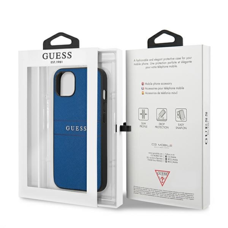 Guess Saffiano Metal Logo Stripes - Etui iPhone 13 mini (niebieski)