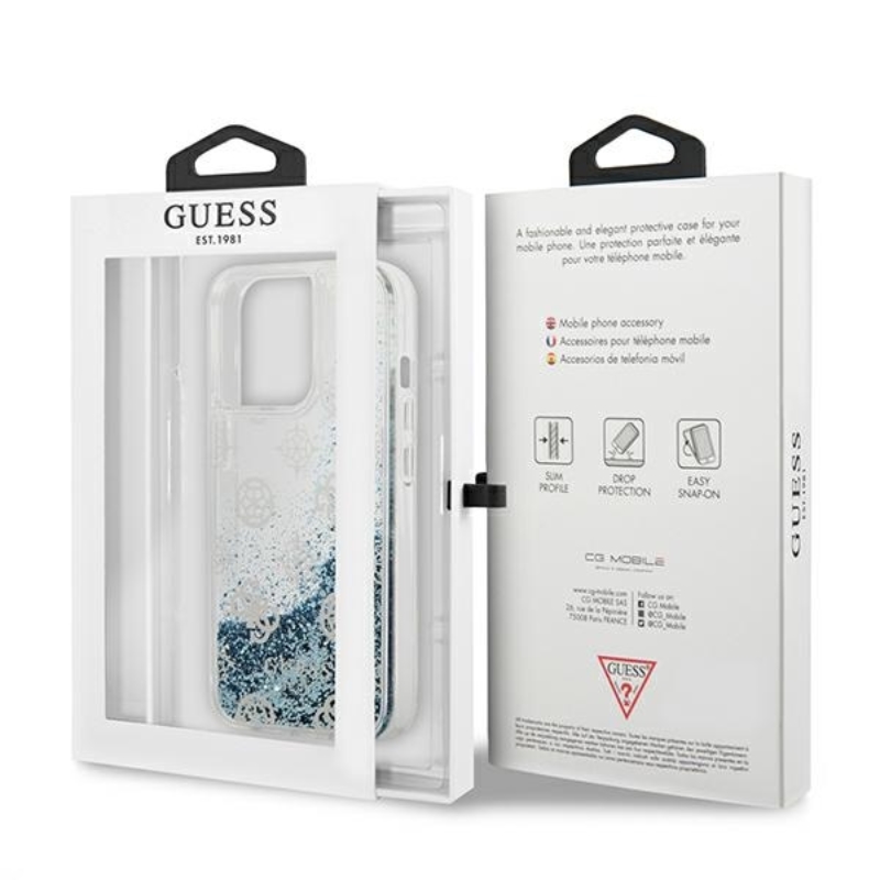 Guess Peony Liquid Glitter - Etui iPhone 13 Pro Max (niebieski)