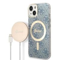 Guess Bundle Pack MagSafe 4G - Zestaw etui + ładowarka MagSafe iPhone 14 Plus (niebieski/złoty)