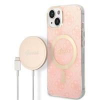 Guess Bundle Pack MagSafe 4G - Zestaw etui + ładowarka MagSafe iPhone 14 (różowy/złoty)