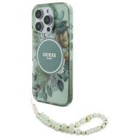 Guess IML Flowers With Pearl Strap MagSafe - Etui iPhone 16 Pro (zielony)