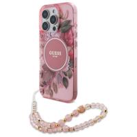 Guess IML Flowers With Pearl Strap MagSafe - Etui iPhone 16 Pro (różowy)