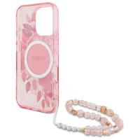 Guess IML Flowers With Pearl Strap MagSafe - Etui iPhone 16 Pro (różowy)