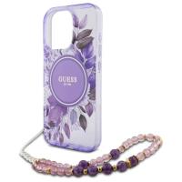 Guess IML Flowers With Pearl Strap MagSafe - Etui iPhone 16 Pro (fioletowy)