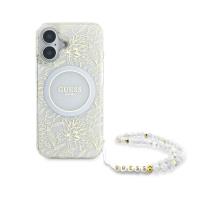 Guess IML Flowers Allover Electro With Pearl Strap MagSafe - Etui iPhone 16 Plus (biały)