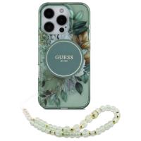 Guess IML Flowers With Pearl Strap MagSafe - Etui iPhone 16 Pro Max (zielony)