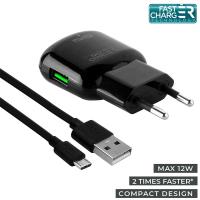 PURO Mini Travel Fast Charger - Ładowarka sieciowa USB + kabel micro USB 1 m, 2.4 A, 12 W (czarny)
