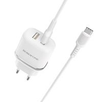 Borofone - Ładowarka sieciowa 2x USB, 10W z aluminiowym wykończeniem + kabel USB-C 1 m (Biały) Borofone - Ładowarka sieciowa 2x USB, 10W z aluminiowym wykończeniem + kabel USB-C 1 m (Biały)