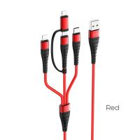 Borofone - kabel 4w1, 2x Lightning 1x micro USB 1x USB-C aluminium nylonowy oplot, czerwony