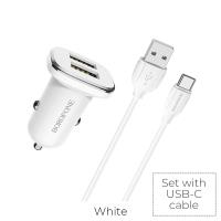 Borofone - ładowarka samochodowa 2x USB kabel USB-C w zestawie, biały Borofone - ładowarka samochodowa 2x USB kabel USB-C w zestawie, biały