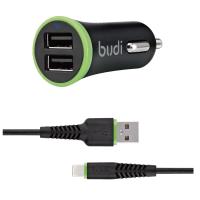 Budi - Ładowarka samochodowa 2x USB, 17W + kabel Lightning (Czarny)