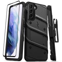 Zizo Bolt Cover - Pancerne etui Samsung Galaxy S21 5G ze szkłem 9H na ekran + podstawka & uchwyt do paska (czarny)